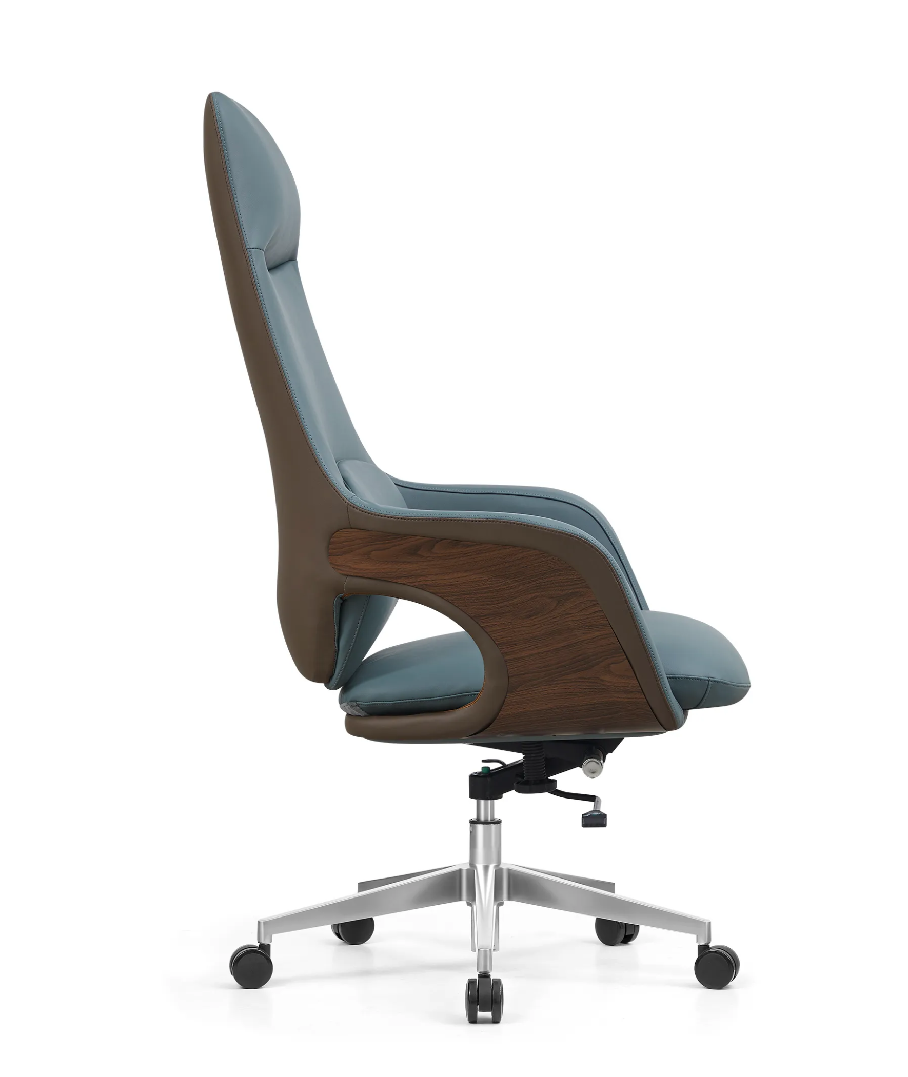 blue leather office chair side